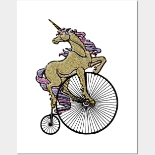 Golden Sparkly Unicorn on Penny Farthing Velocipede Posters and Art